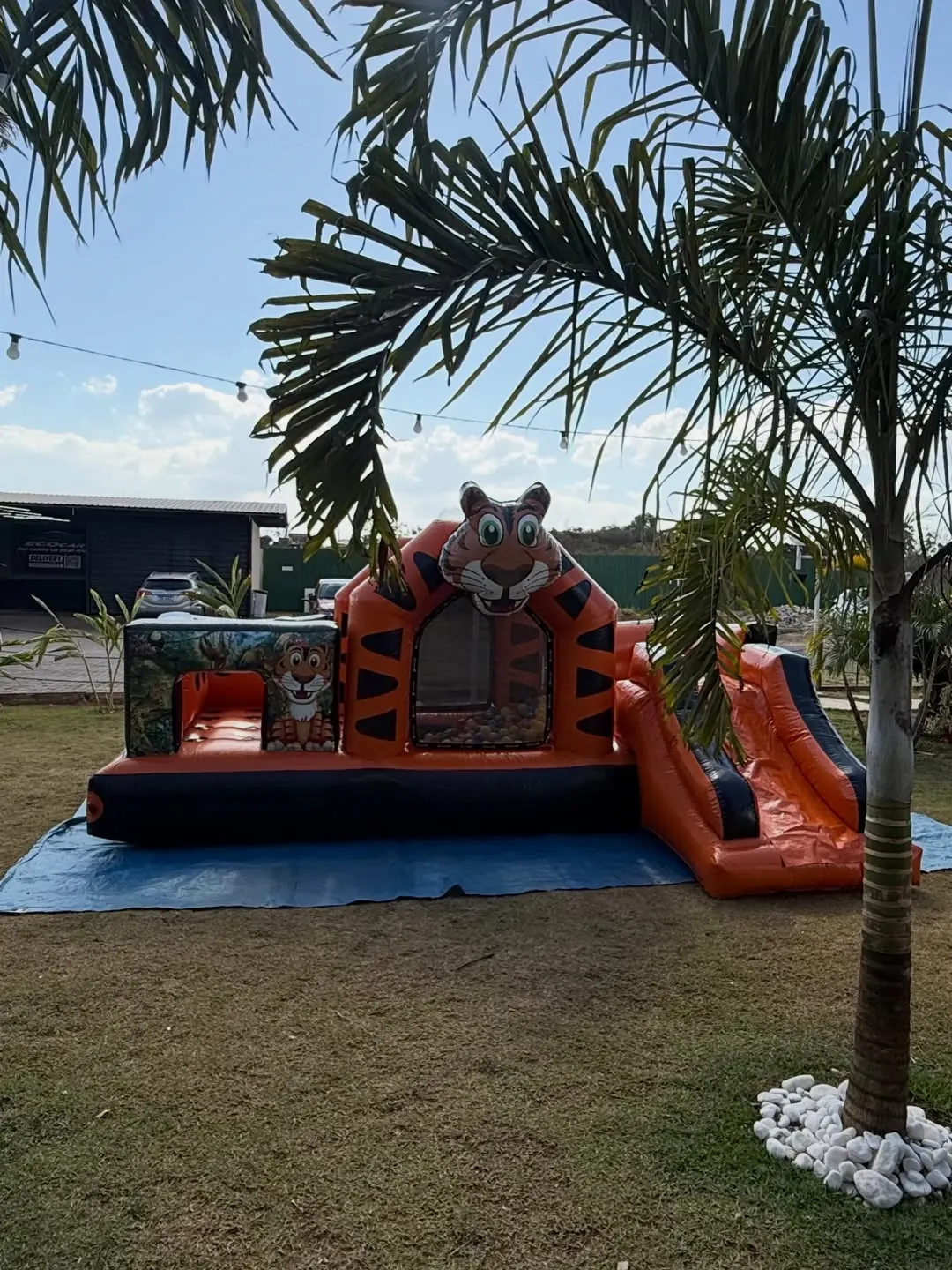 Brinquedo inflável do Tigrão montado no gramado